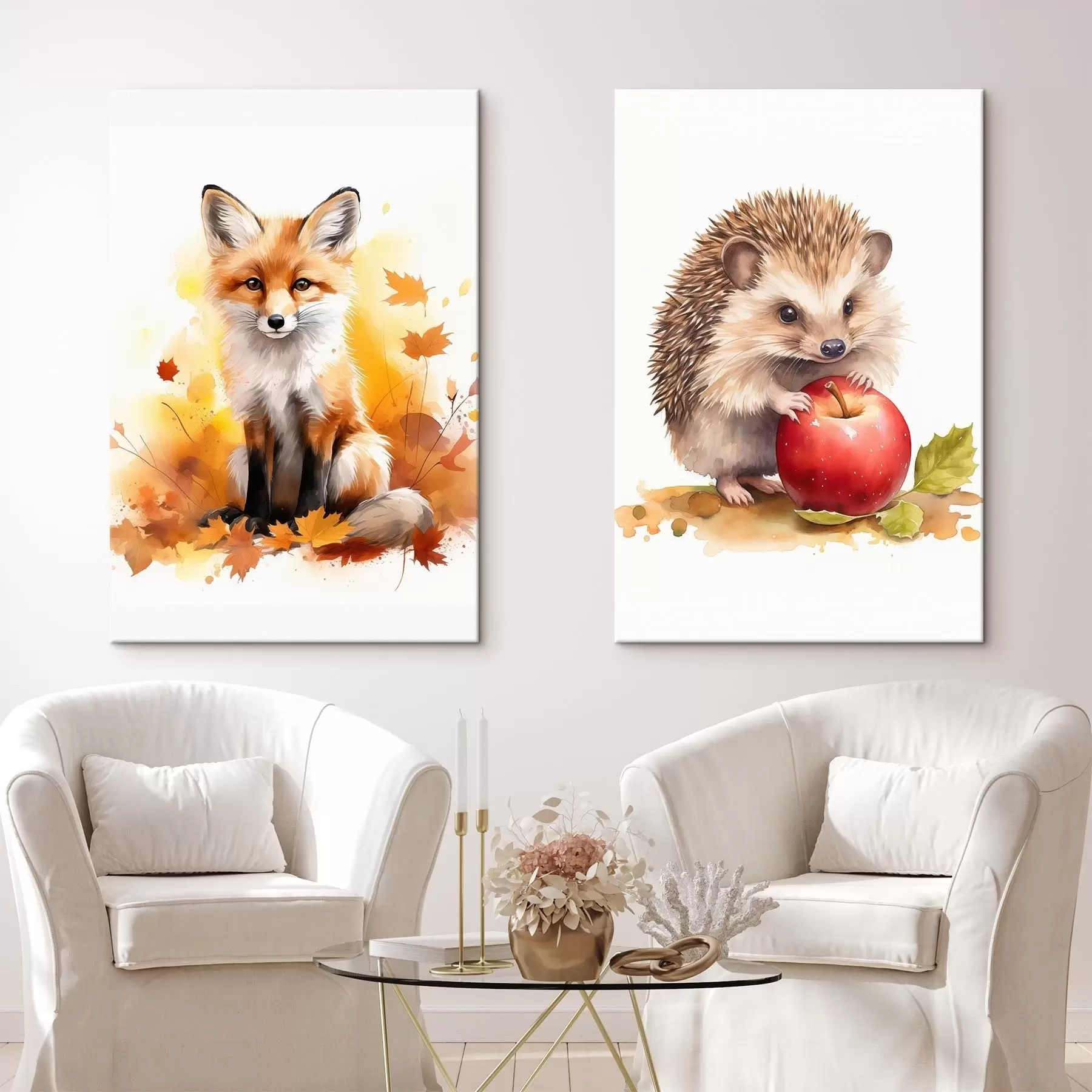 Tableau Renard et hérisson, imitation aquarelle m01050