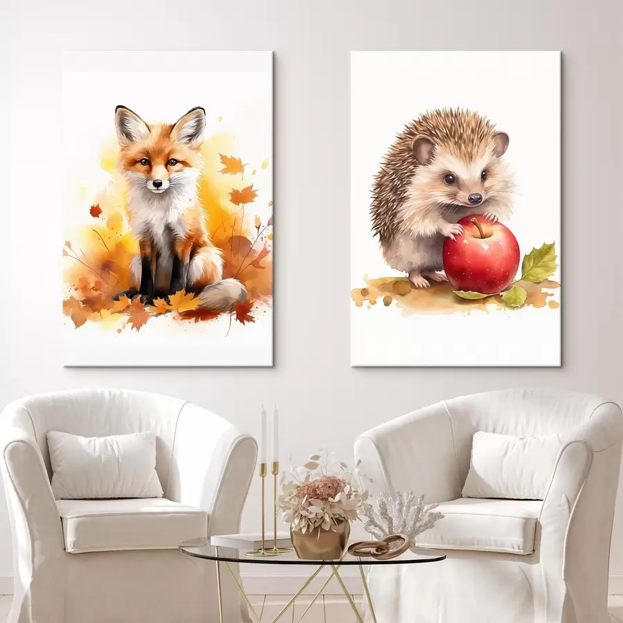 Tableau Renard et hérisson, imitation aquarelle m01050