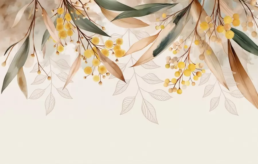 Papier peint fleurs et feuilles de mimosa tombant du ciel dans un style aquarelle w04880