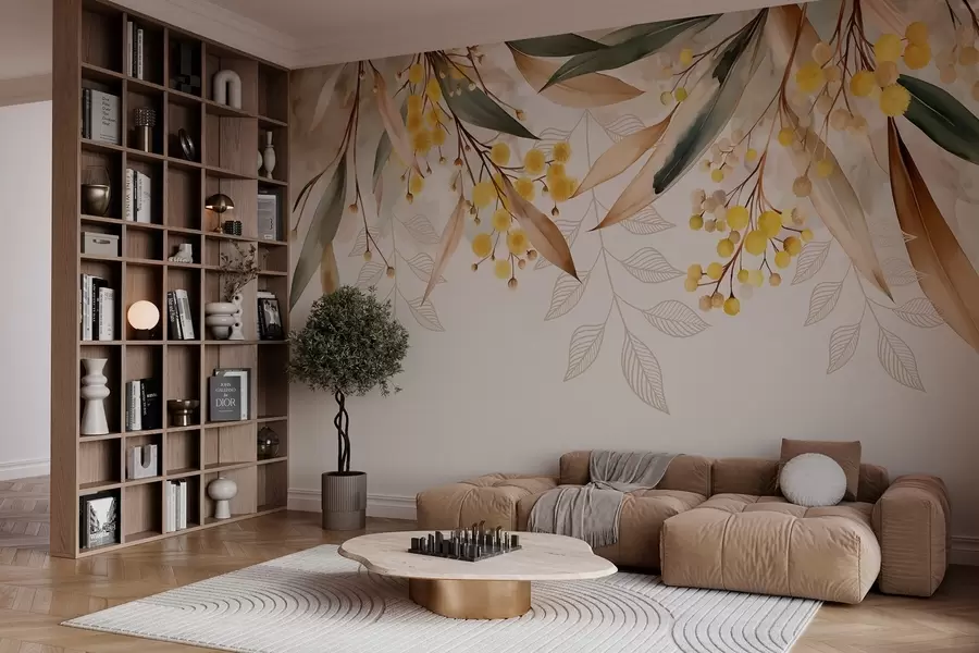 Papier peint fleurs et feuilles de mimosa tombant du ciel dans un style aquarelle w04880