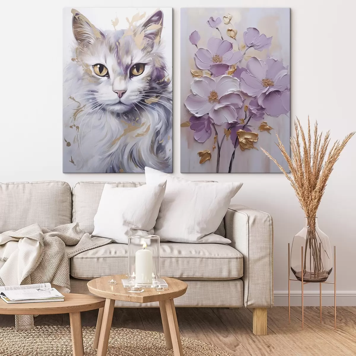 Tableau Fleurs abstraites et un chat m01056