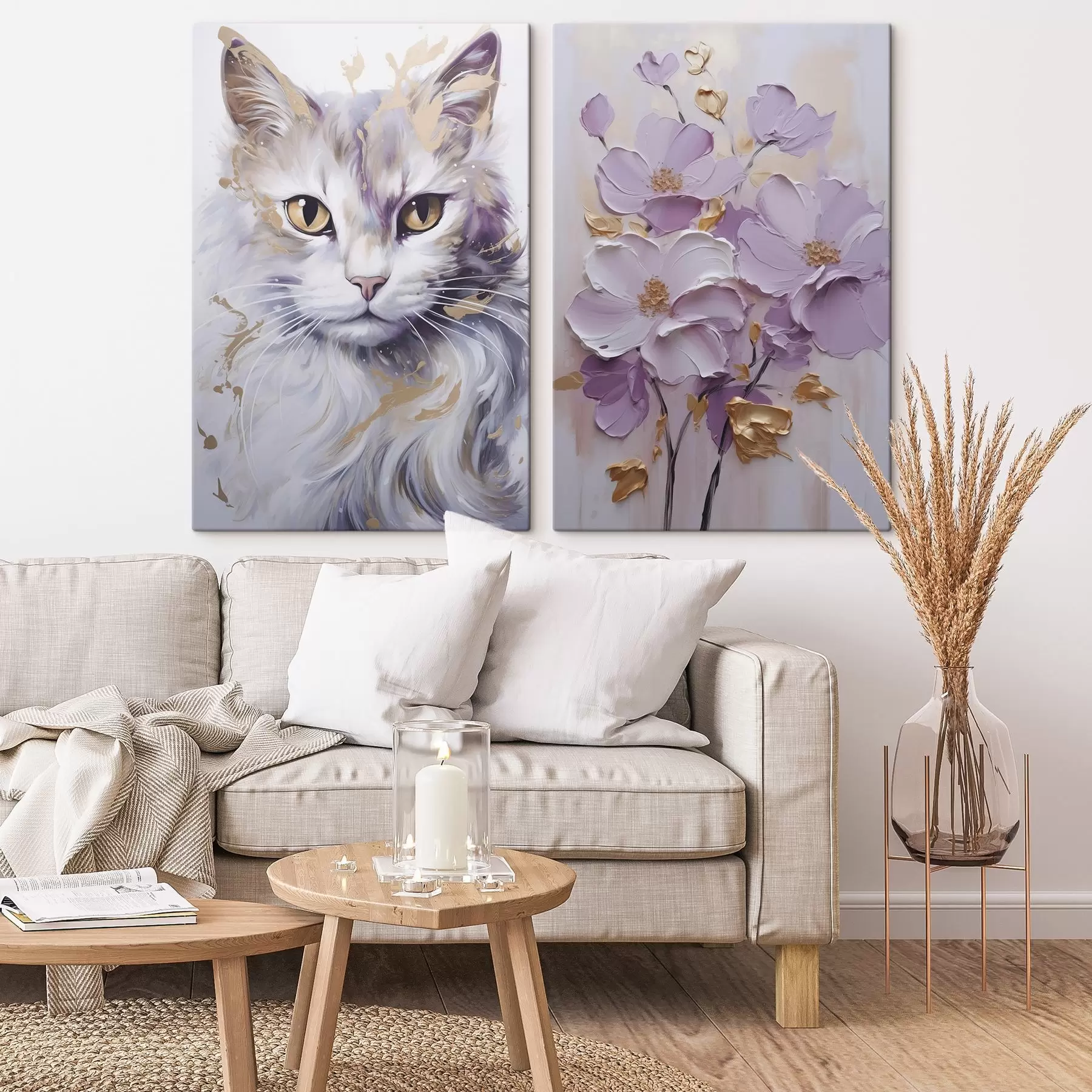 Tableau Fleurs abstraites et un chat m01056
