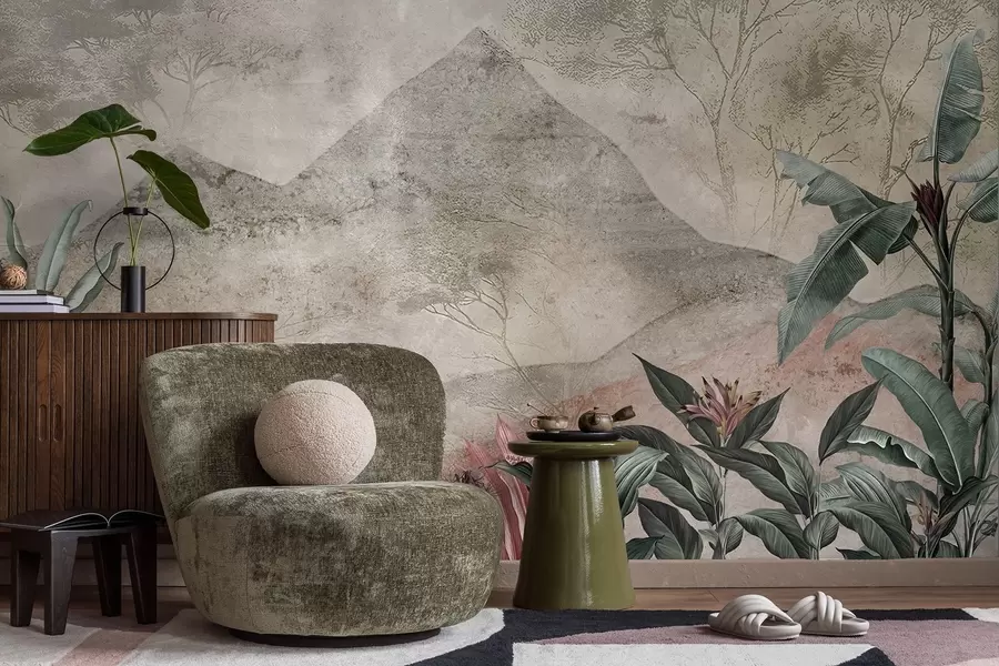 Papier peint Feuilles de bananier pastel et fleurs tropicales sur fond de montagnes w04933