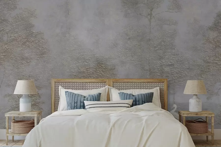 Papier peint Forêt brumeuse avec un héron blanc et une texture douce w04953