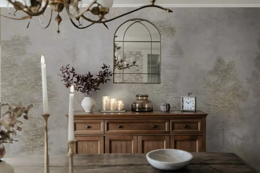 Papier peint Forêt brumeuse avec un héron blanc et une texture douce w04953