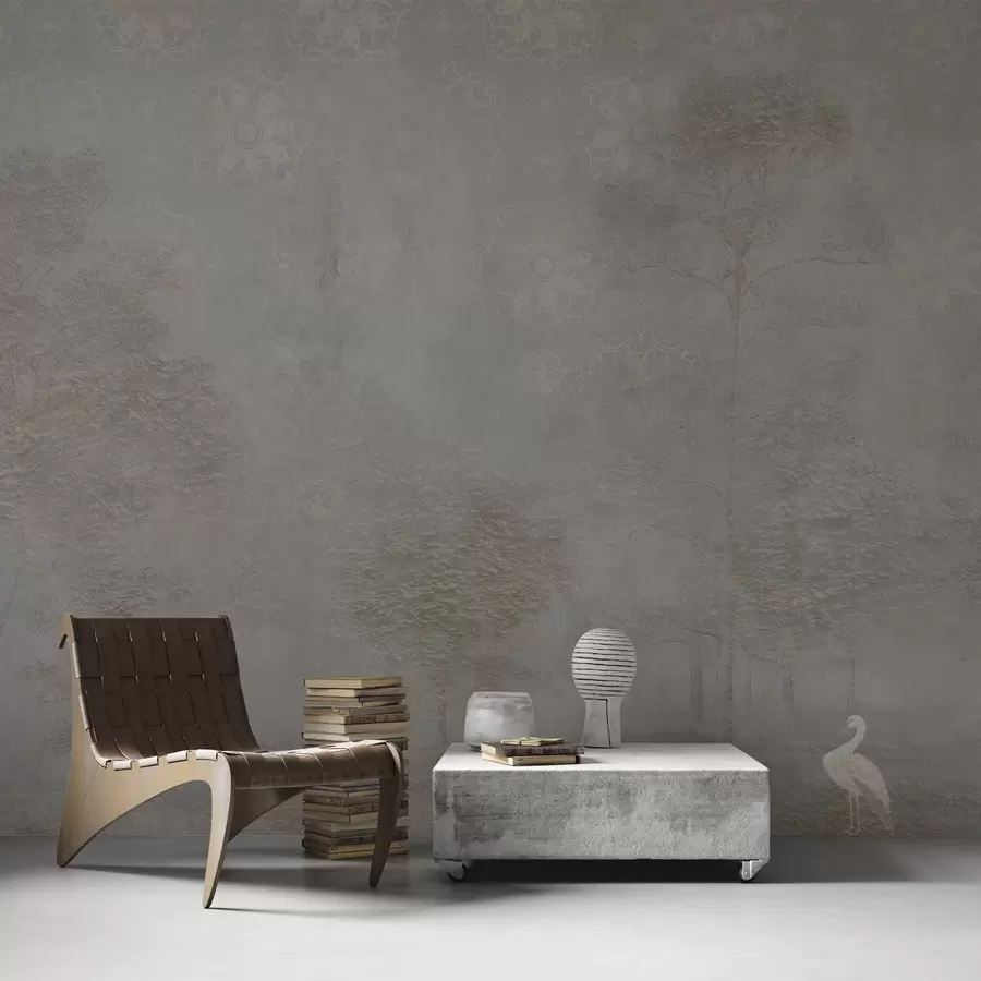 Papier peint Forêt brumeuse avec un héron et un motif ornemental au-dessus w04953v1