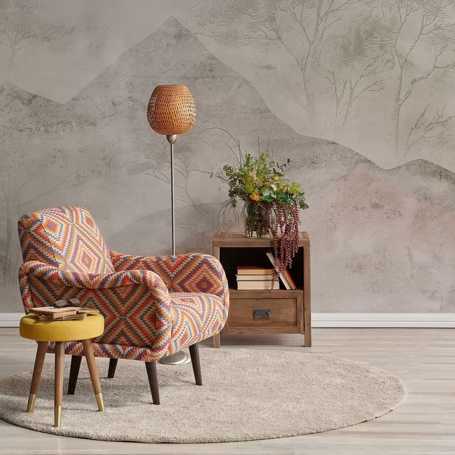 Papier peint Montagnes et arbres aux couleurs pastel dans une légère brume w04954