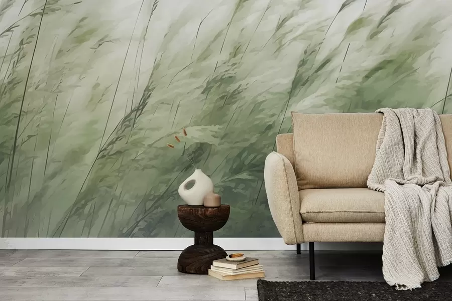 Papier peint Herbes légères dans le vent, doux traits verts et blancs w04957