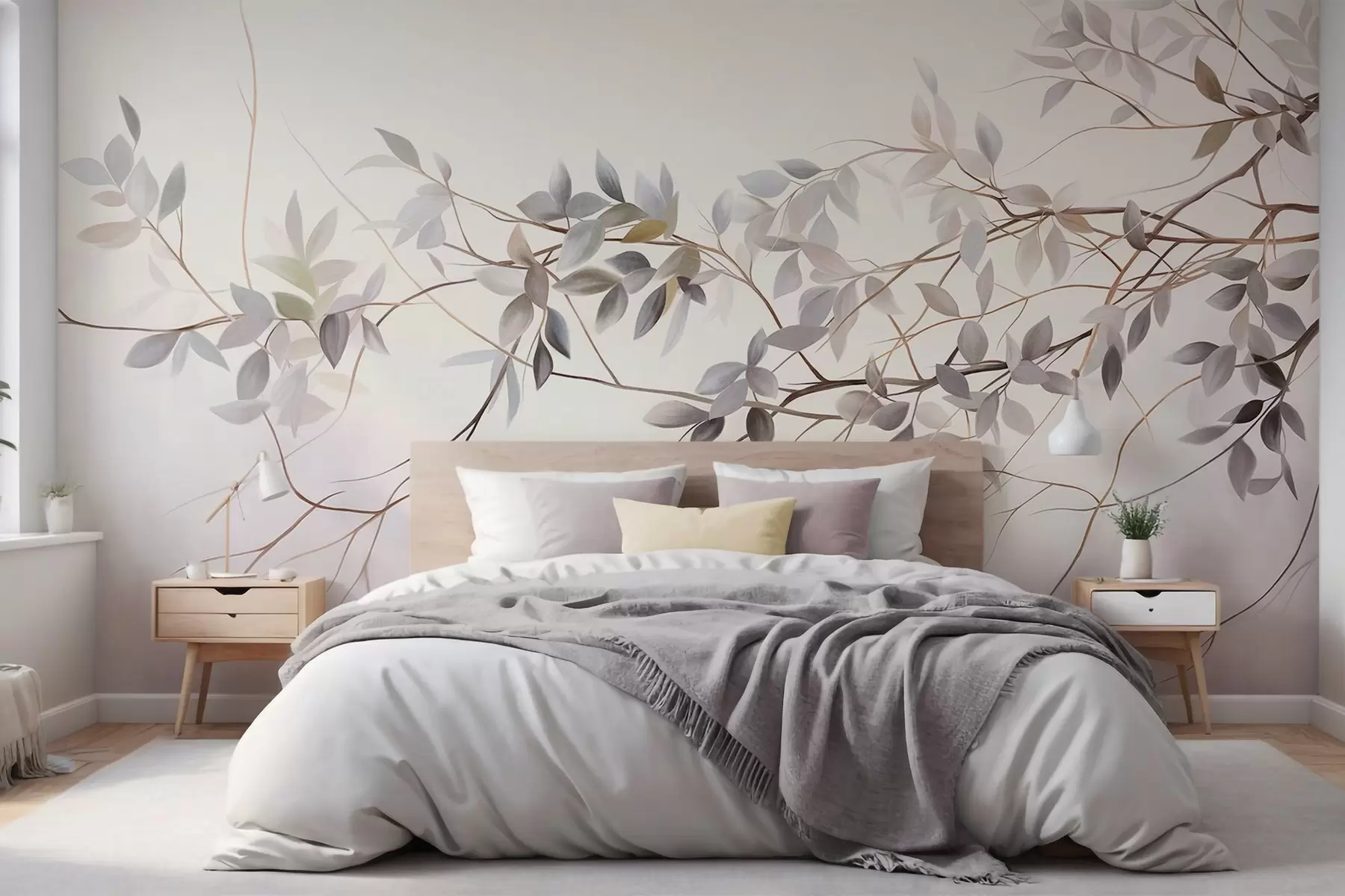 Papier peint Branches délicatement texturées avec des feuilles gris, violet et vert discrets sur un fond doux et flou w09336