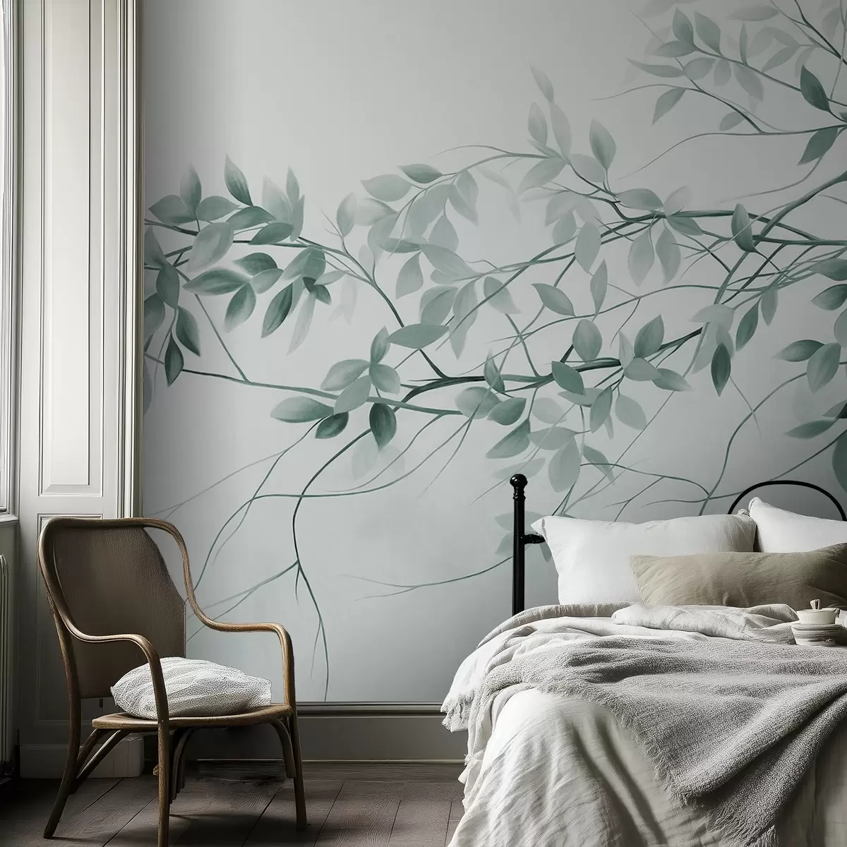 Papier peint Branches délicatement texturées avec des feuilles grisâtres et vertes sur un fond doux et flou w09336v1