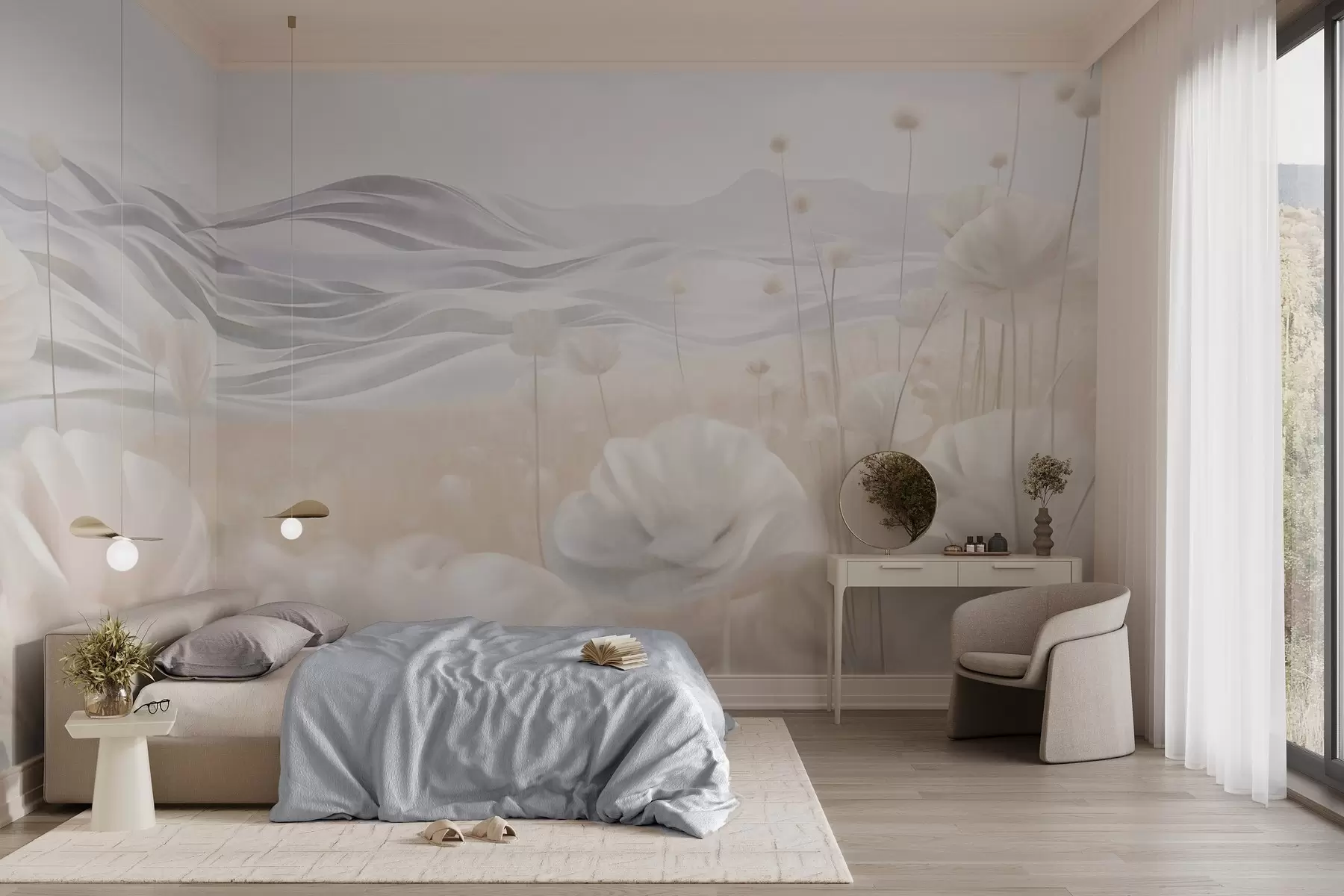 Papier peint Champ texturé de coquelicots crémeux avec des collines ondulantes sous un ciel bleu pâle parsemé de nuages cotonneux, couleurs pastel w09553