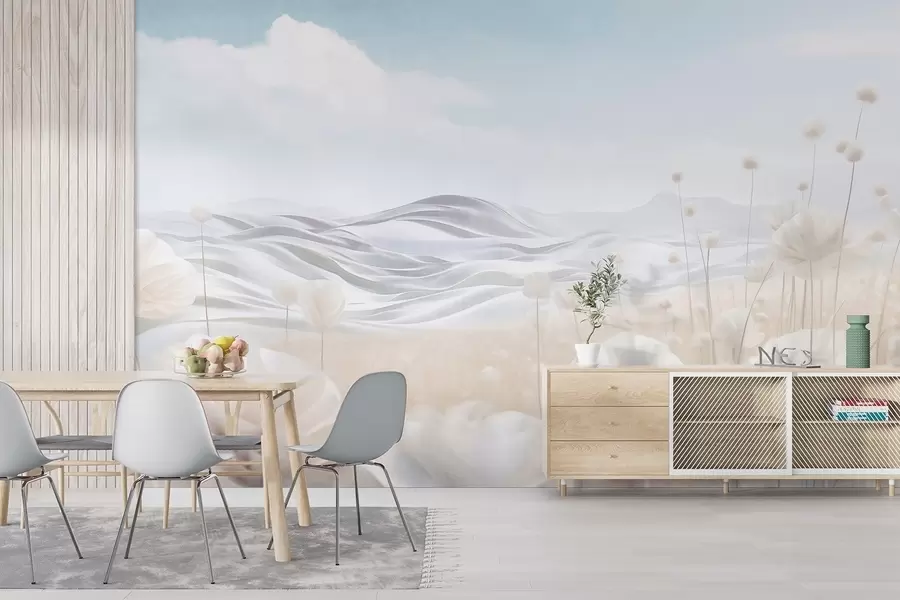 Papier peint Champ texturé de coquelicots crémeux avec des collines ondulantes sous un ciel bleu pâle parsemé de nuages cotonneux, couleurs pastel w09553