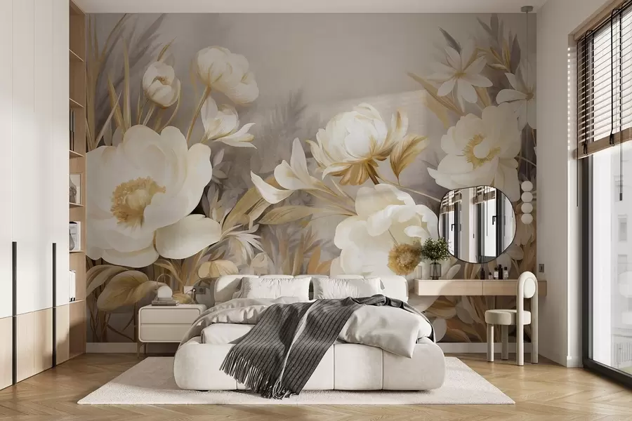 Papier peint Pivoines blanches et jaunes et autres fleurs avec de hautes herbes et des feuilles dans un style doux et pictural w09494