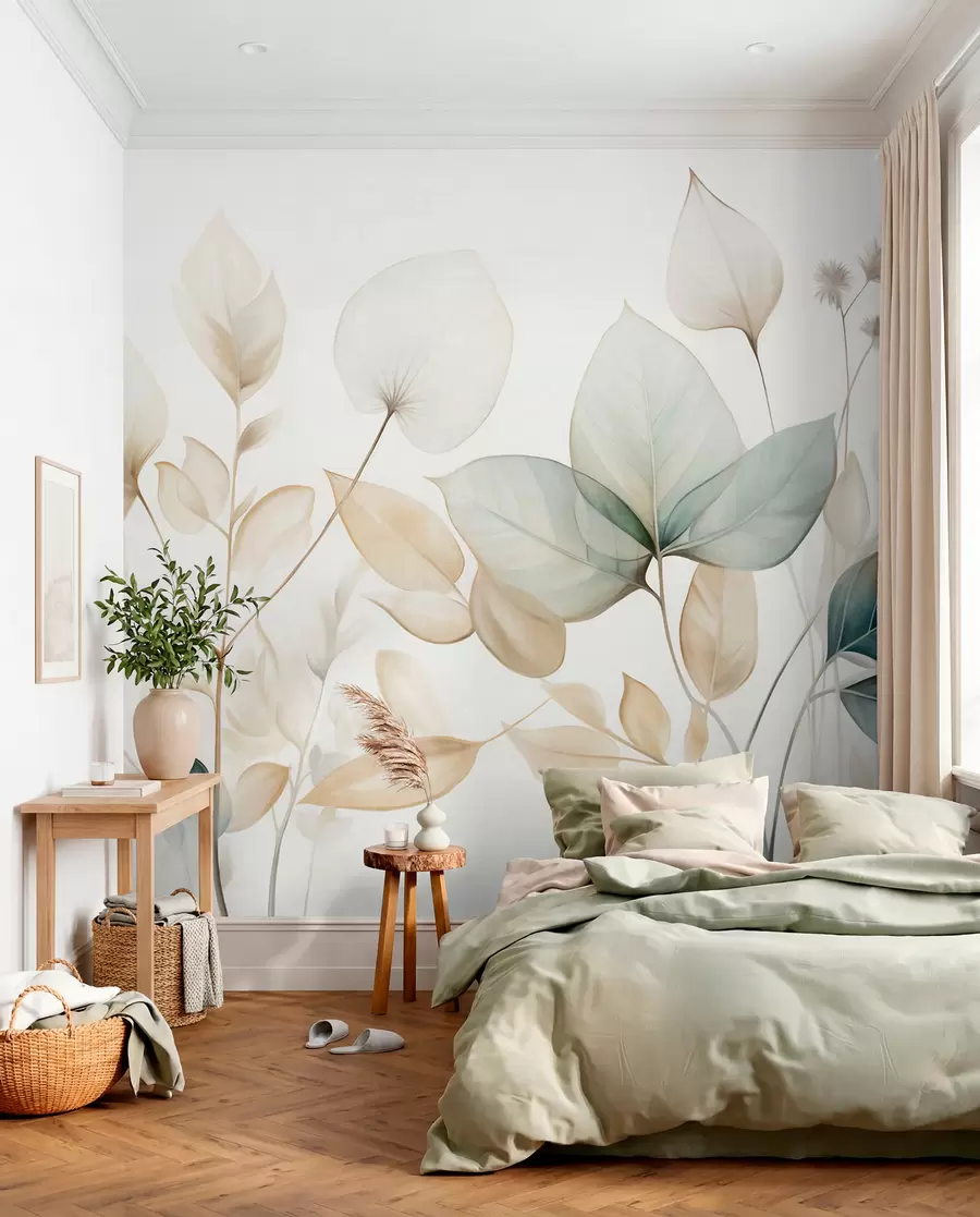 Papier peint Feuilles texturées translucides dans des tons discrets de beige et de bleu sarcelle, avec des tiges délicates sur un fond doux et clair w09583