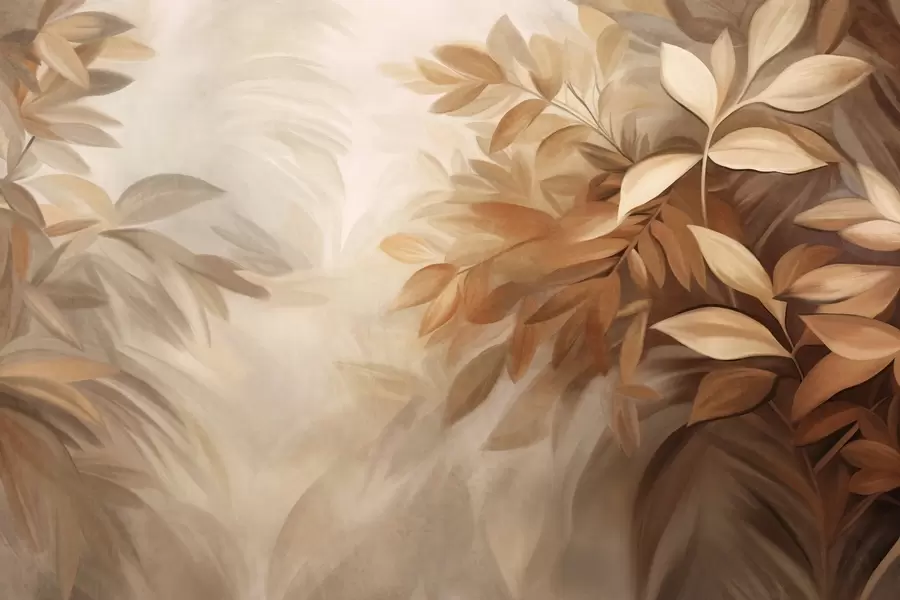 Papier peint Feuilles brunes et beiges avec un feuillage doux et flou, dans un style pictural avec des coups de pinceau visibles w09584