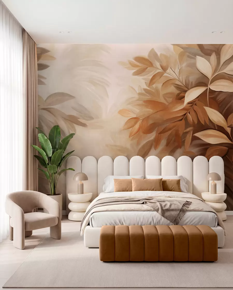 Papier peint Feuilles brunes et beiges avec un feuillage doux et flou, dans un style pictural avec des coups de pinceau visibles w09584