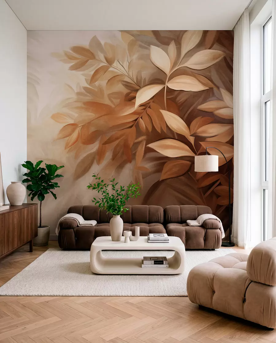 Papier peint Feuilles brunes et beiges avec un feuillage doux et flou, dans un style pictural avec des coups de pinceau visibles w09584