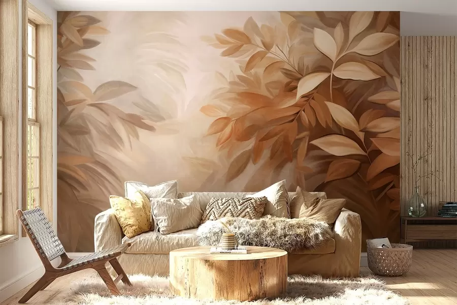 Papier peint Feuilles brunes et beiges avec un feuillage doux et flou, dans un style pictural avec des coups de pinceau visibles w09584