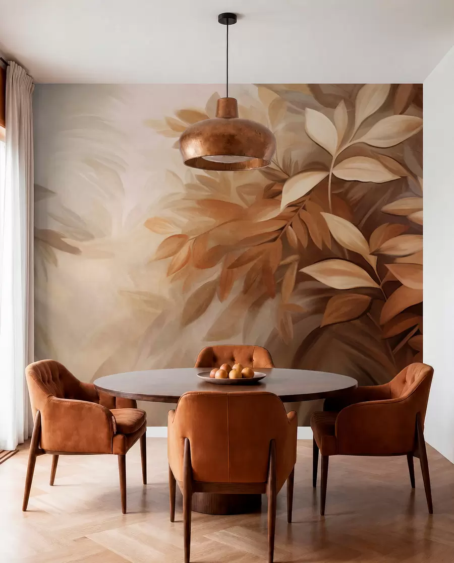 Papier peint Feuilles brunes et beiges avec un feuillage doux et flou, dans un style pictural avec des coups de pinceau visibles w09584
