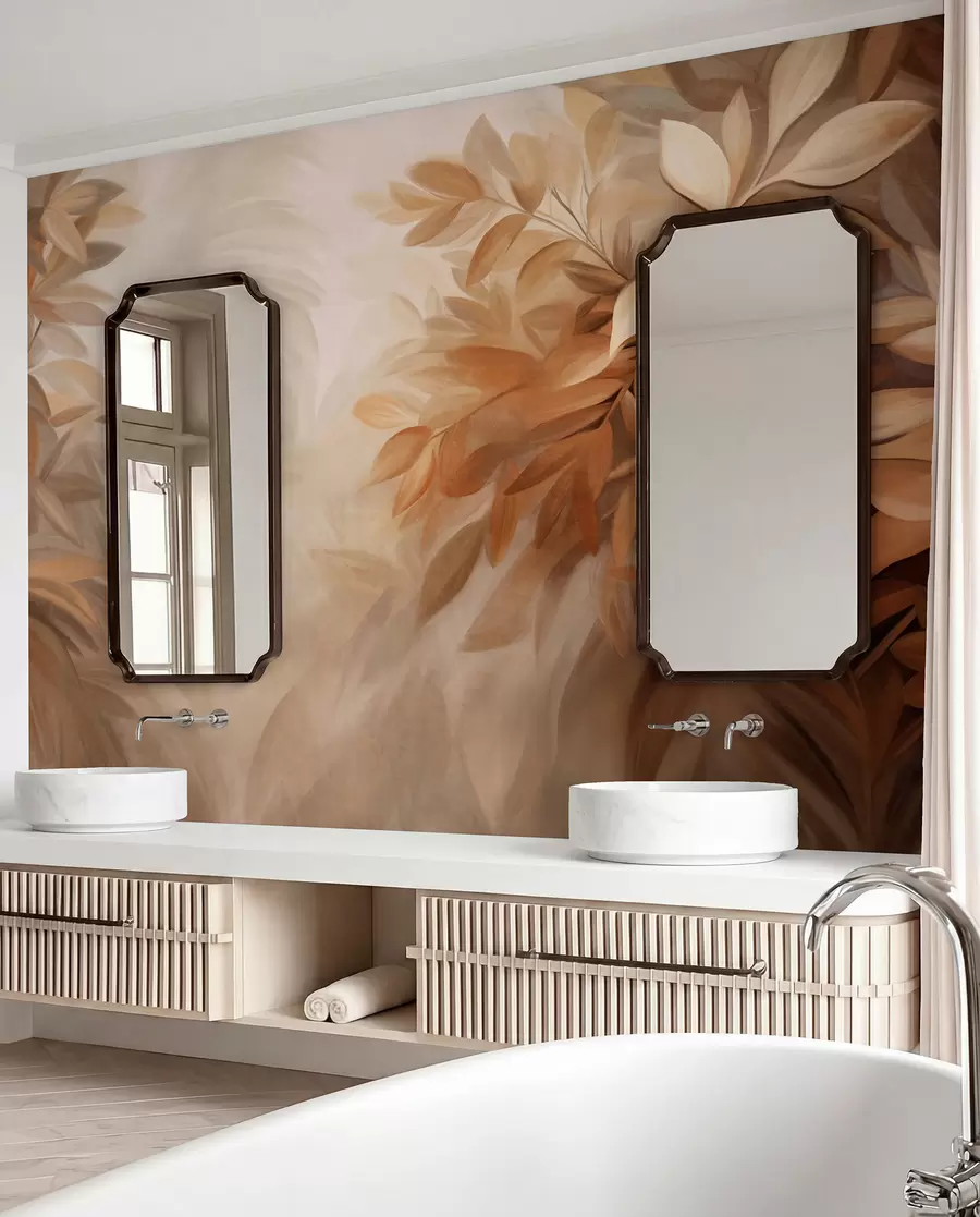 Papier peint Feuilles brunes et beiges avec un feuillage doux et flou, dans un style pictural avec des coups de pinceau visibles w09584