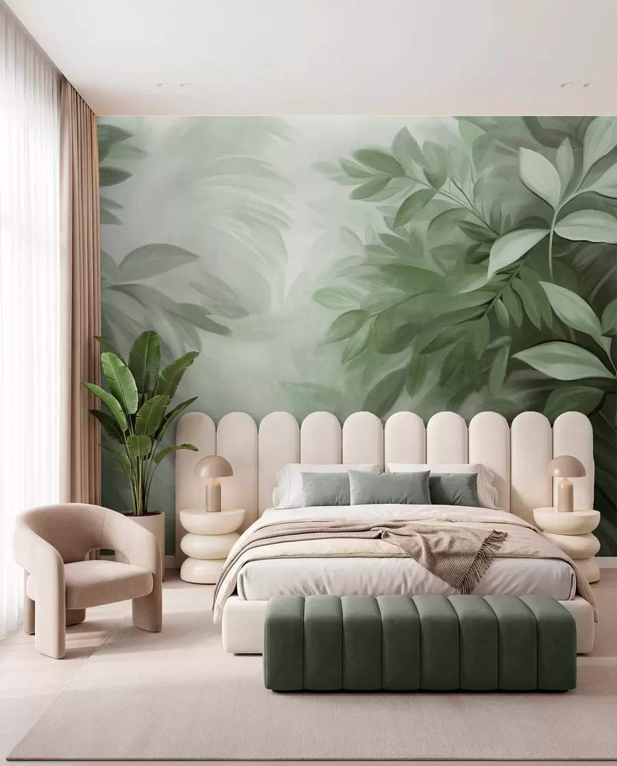Papier peint Feuilles vertes et grises avec un feuillage doux et flou, dans un style pictural avec des coups de pinceau visibles w09584v1