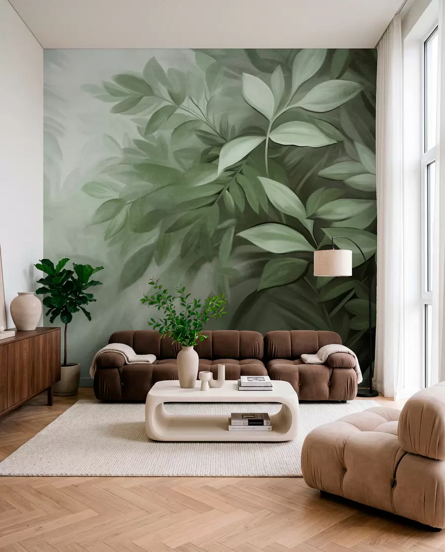 Papier peint Feuilles vertes et grises avec un feuillage doux et flou, dans un style pictural avec des coups de pinceau visibles w09584v1
