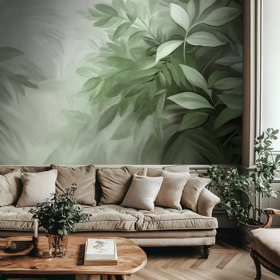 Papier peint Feuilles vertes et grises avec un feuillage doux et flou, dans un style pictural avec des coups de pinceau visibles w09584v1