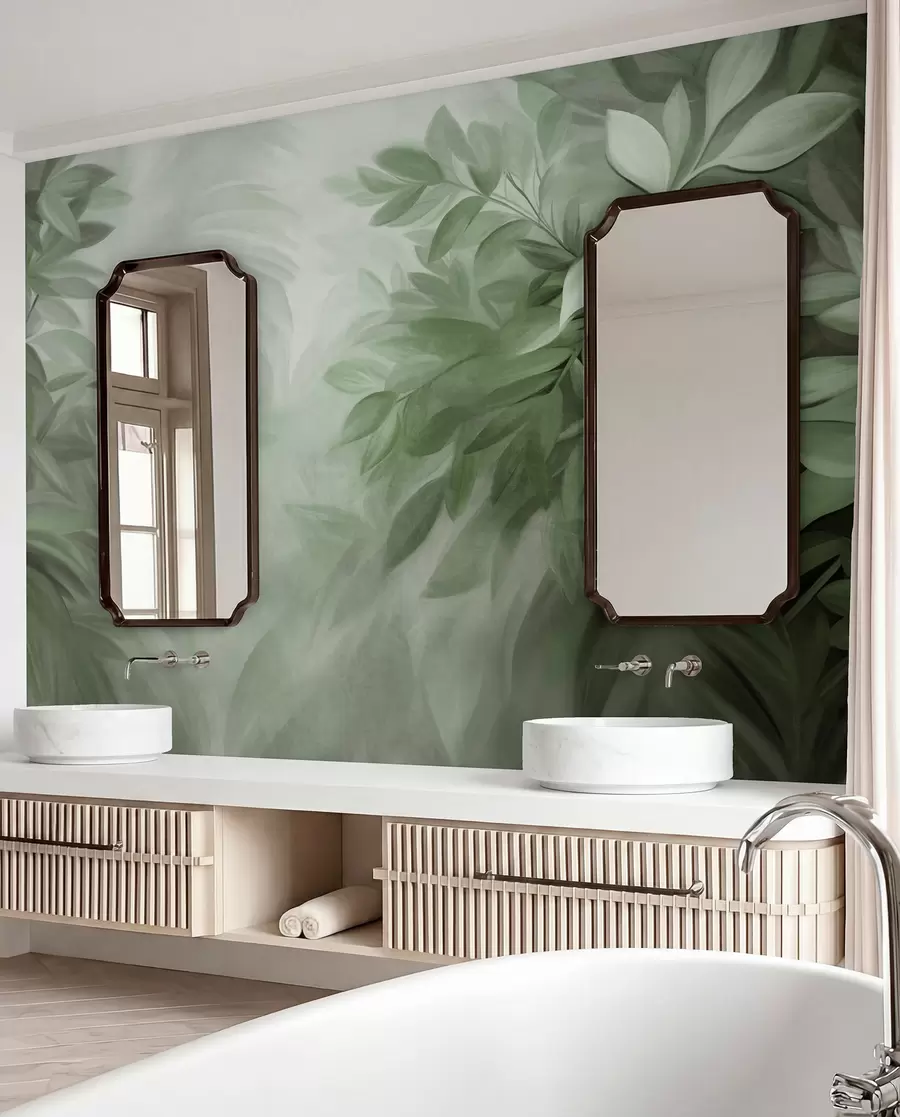 Papier peint Feuilles vertes et grises avec un feuillage doux et flou, dans un style pictural avec des coups de pinceau visibles w09584v1