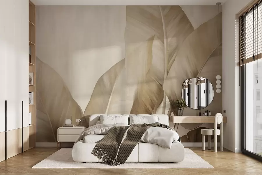 Papier peint Grandes feuilles de bananier texturées, de couleur brun clair, sur fond beige clair, avec une esthétique douce et minimaliste w09586