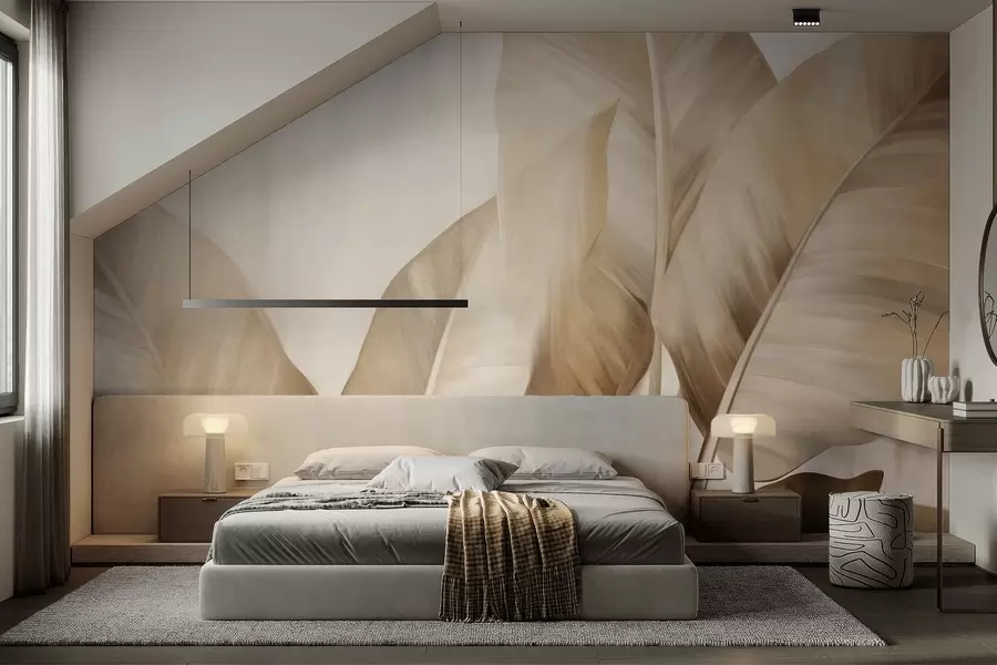 Papier peint Grandes feuilles de bananier texturées, de couleur brun clair, sur fond beige clair, avec une esthétique douce et minimaliste w09586