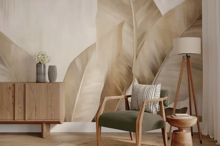 Papier peint Grandes feuilles de bananier texturées, de couleur brun clair, sur fond beige clair, avec une esthétique douce et minimaliste w09586