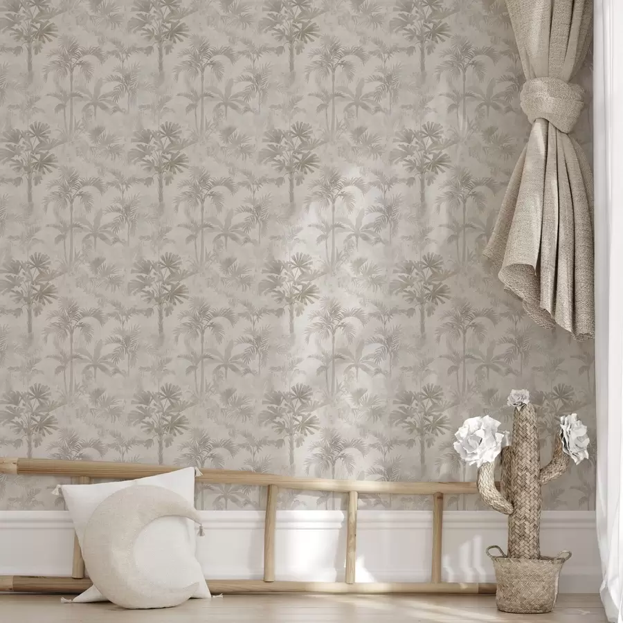 Papier peint Palmeraie brumeuse dans des tons beiges chauds a00881