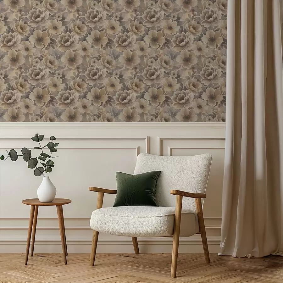 Papier peint Fleurs beiges picturales sur fond abstrait fumé a00884