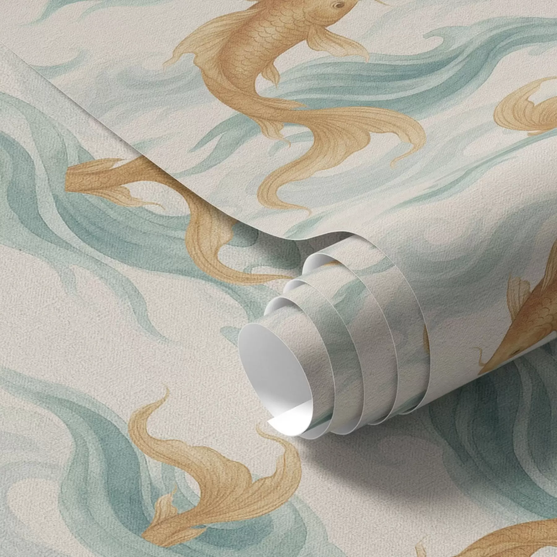 Papier peint Poisson koi ambré nageant parmi les douces vagues turquoise a00894