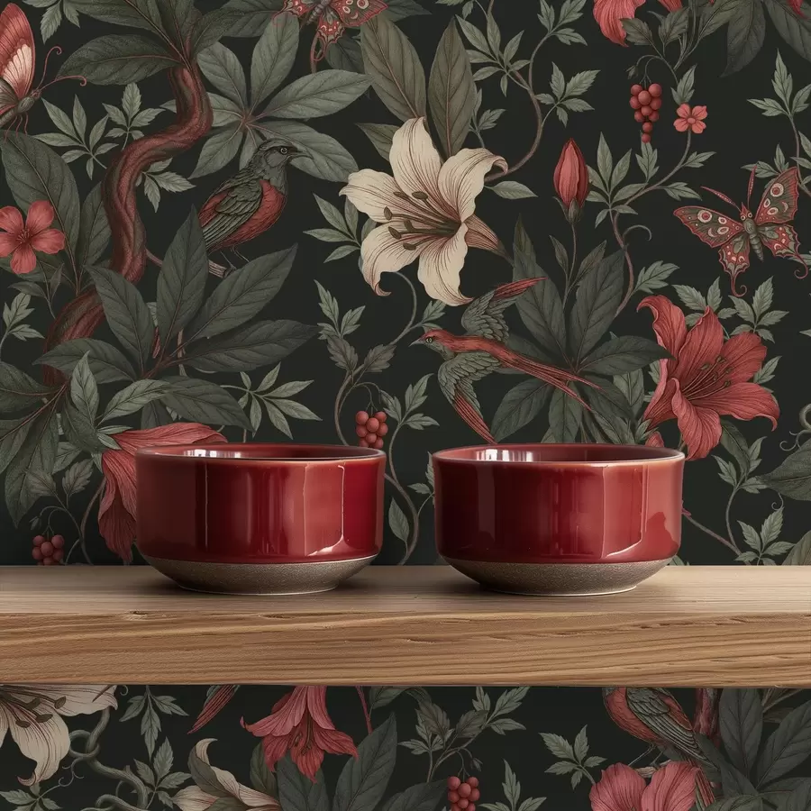 Papier peint Motifs floraux sombres de la jungle avec des oiseaux et des papillons a00895