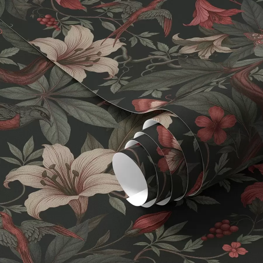 Papier peint Motifs floraux sombres de la jungle avec des oiseaux et des papillons a00895