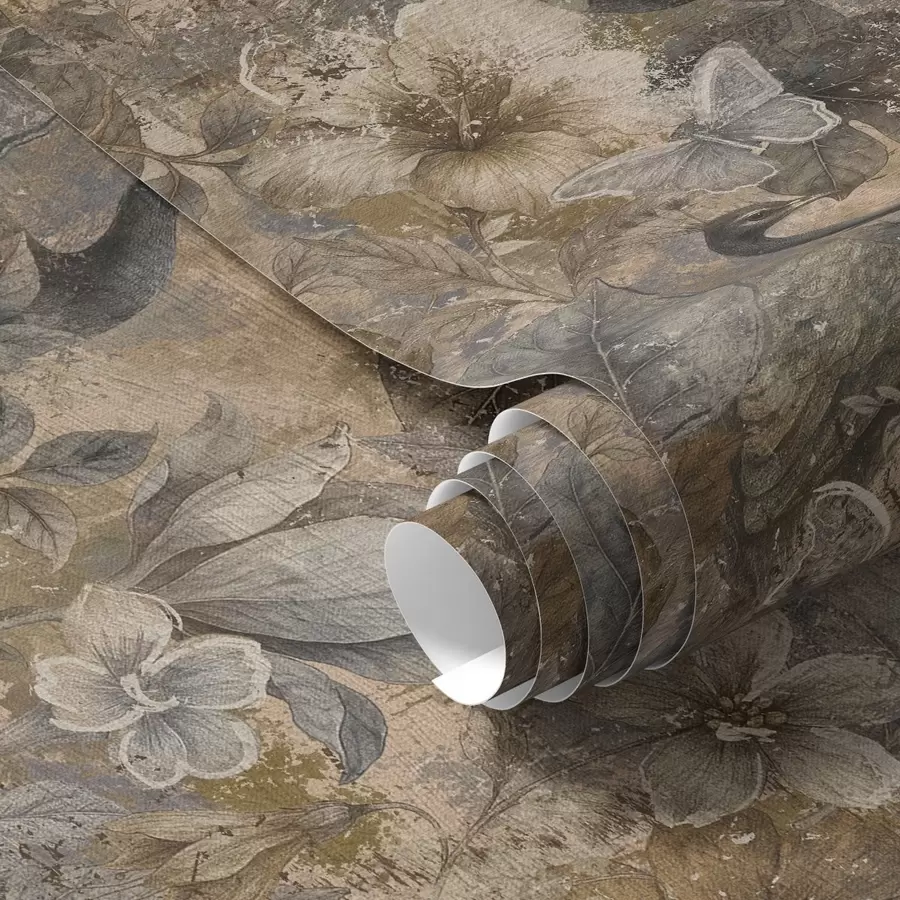 Papier peint Collage floral vieilli avec des paons et des papillons a00897