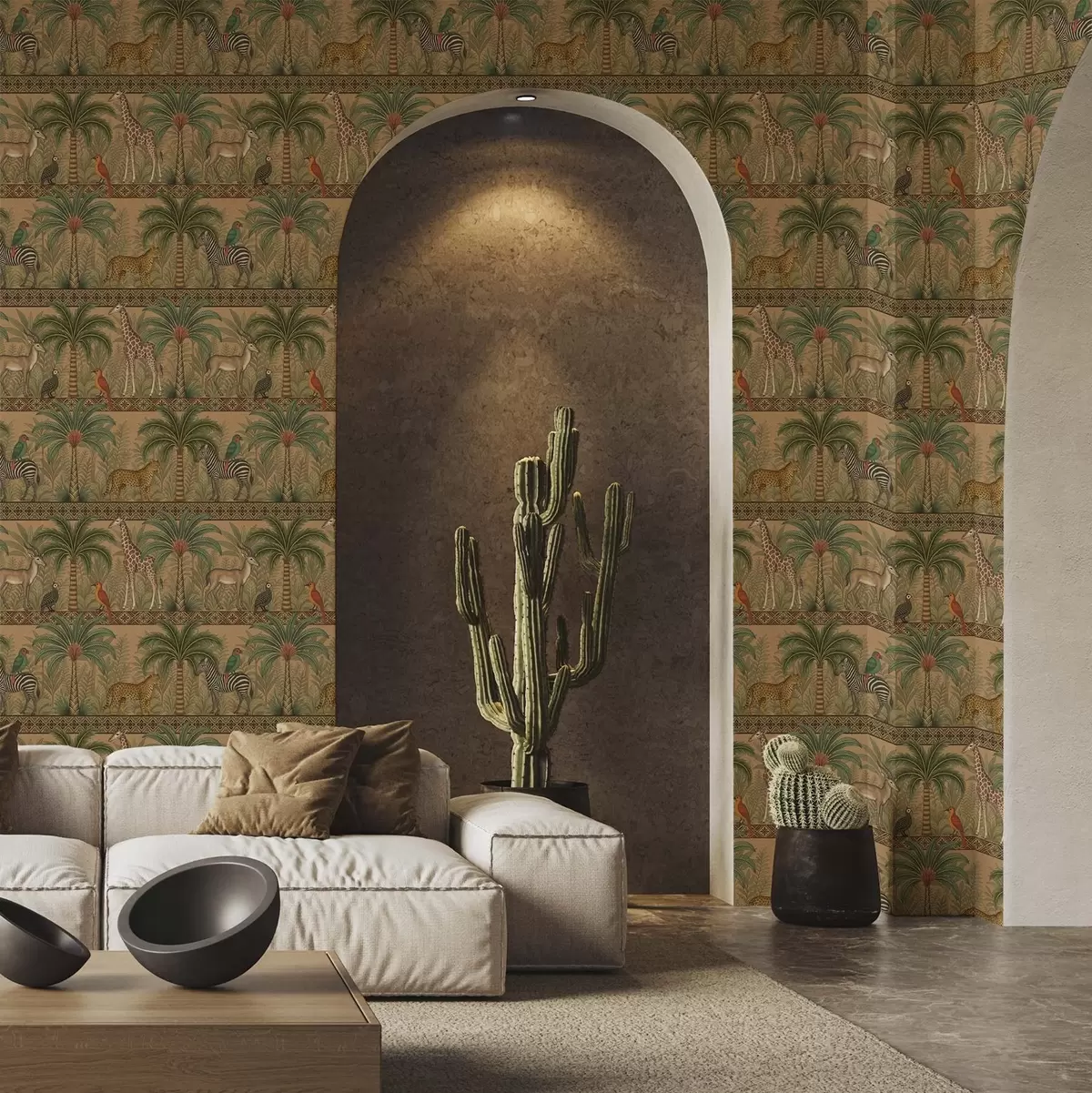 Papier peint Animaux décoratifs de la savane entre palmiers et bordures a00898