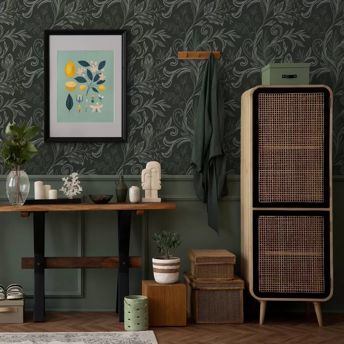 Papier peint Feuilles recourbées de la forêt profonde dans des tons verts crayeux a00935v2