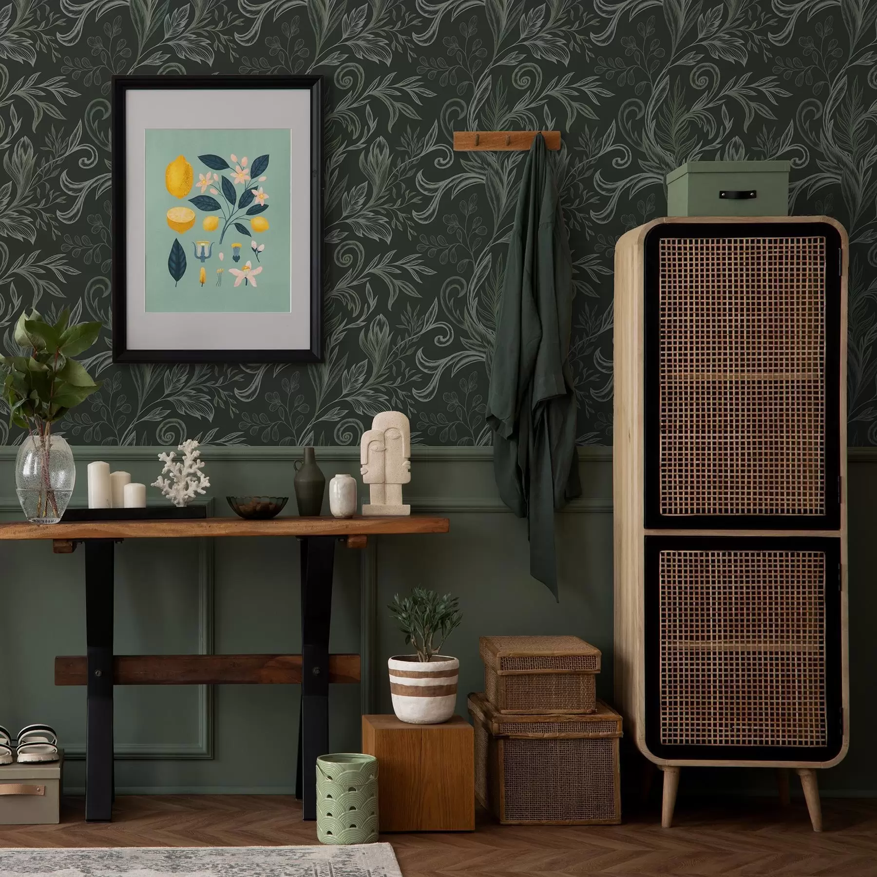 Papier peint Feuilles recourbées de la forêt profonde dans des tons verts crayeux a00935v2