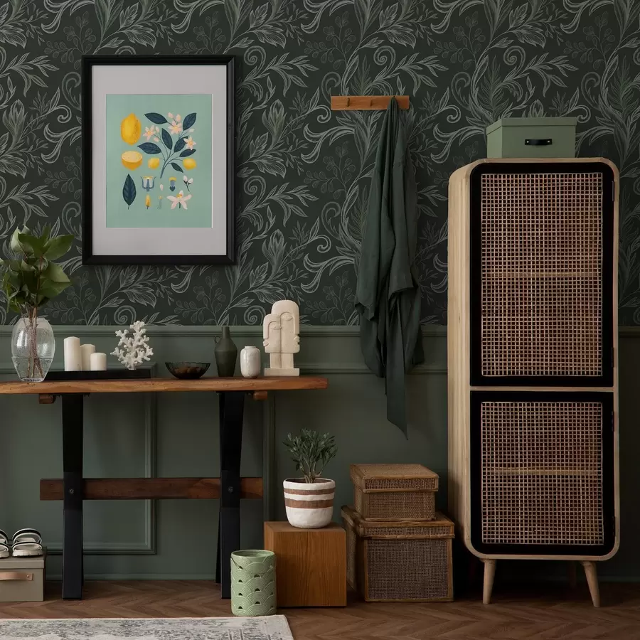 Papier peint Feuilles recourbées de la forêt profonde dans des tons verts crayeux a00935v2