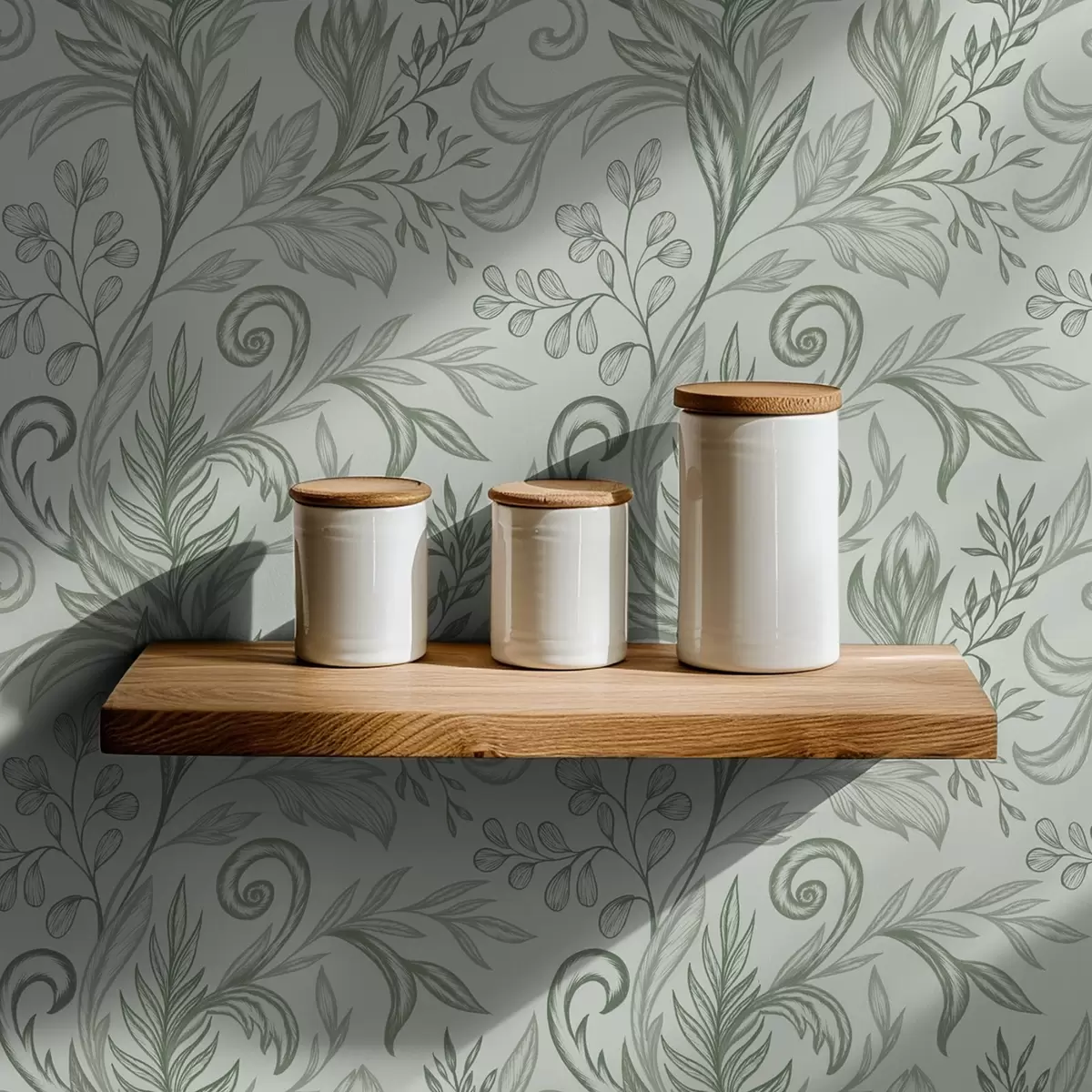 Papier peint Feuilles de menthe tendres et recourbées, aux délicates lignes gris-vert a00935v3