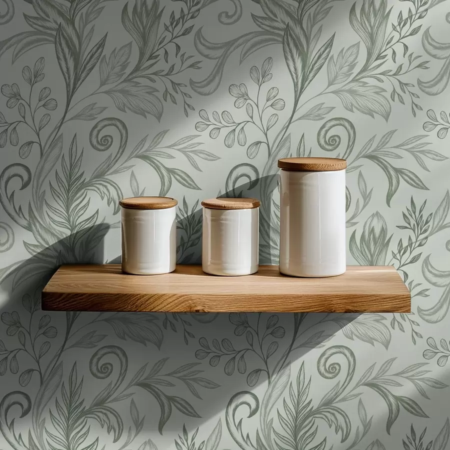 Papier peint Feuilles de menthe tendres et recourbées, aux délicates lignes gris-vert a00935v3