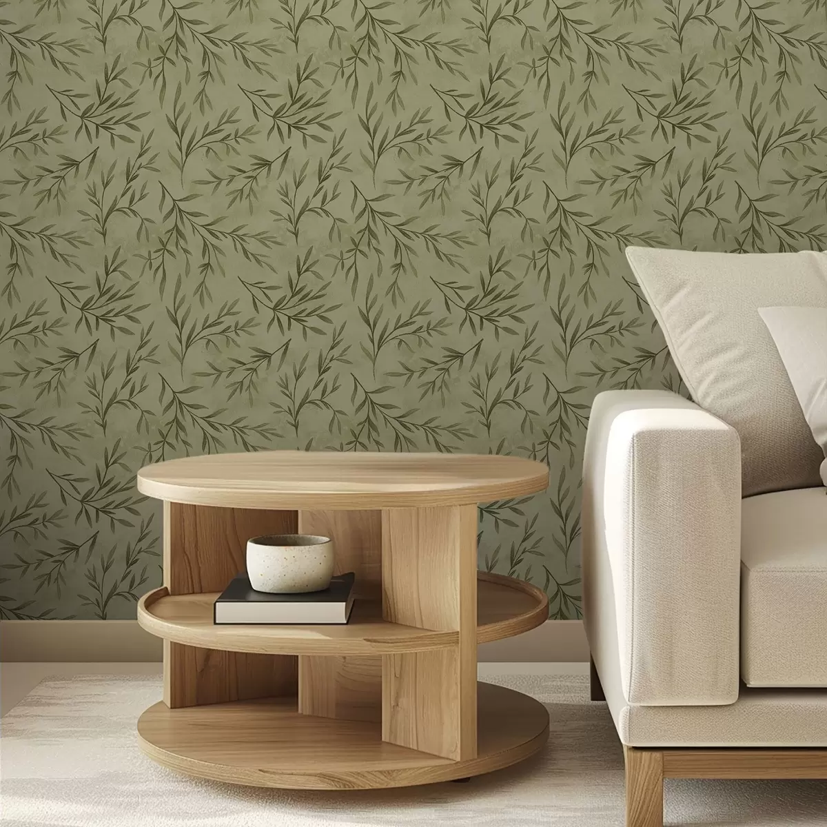 Papier peint Brins d'olivier sur fond texturé jaune-vert discret a00936