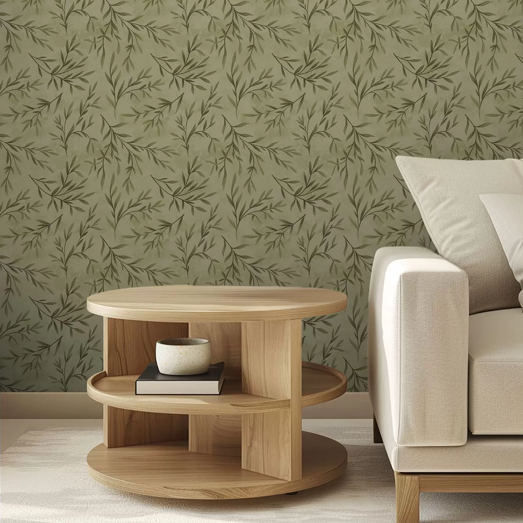 Papier peint Brins d'olivier sur fond texturé jaune-vert discret a00936