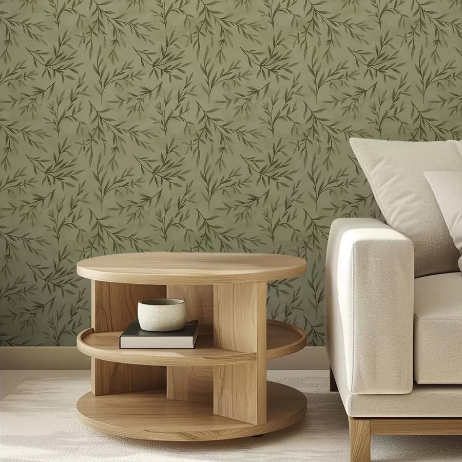 Papier peint Brins d'olivier sur fond texturé jaune-vert discret a00936