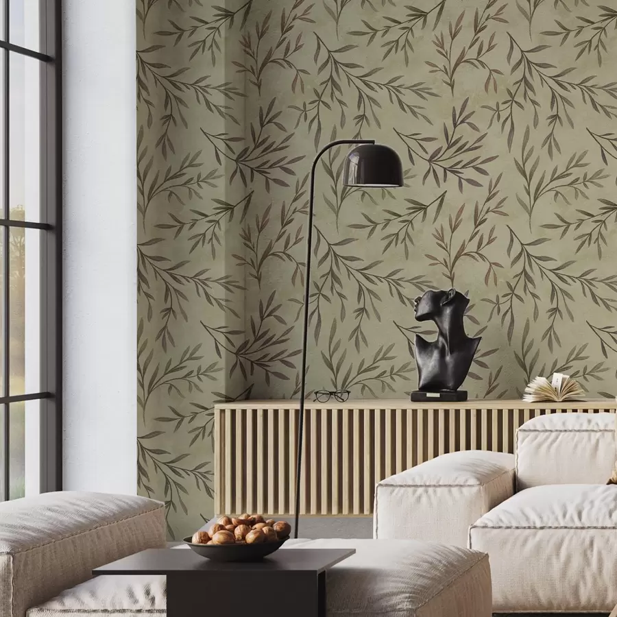 Papier peint Branches de lilas et de verdure avec des feuilles sur un fond chaud a00936v4