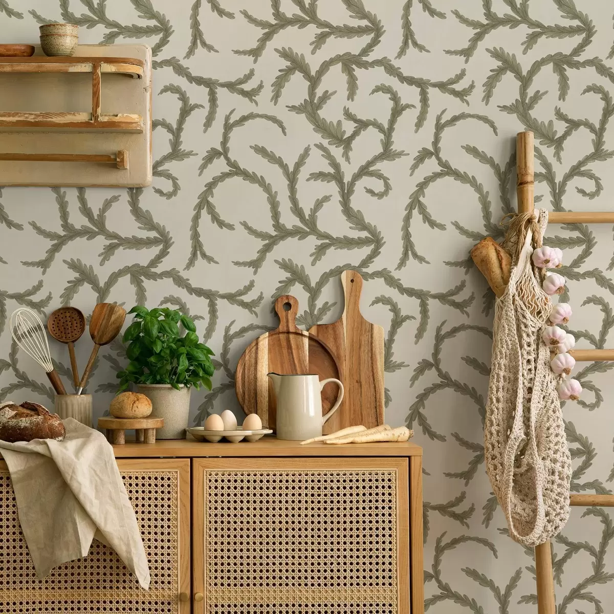 Papier peint Boucles de conifères verts tendres sur fond clair a00938