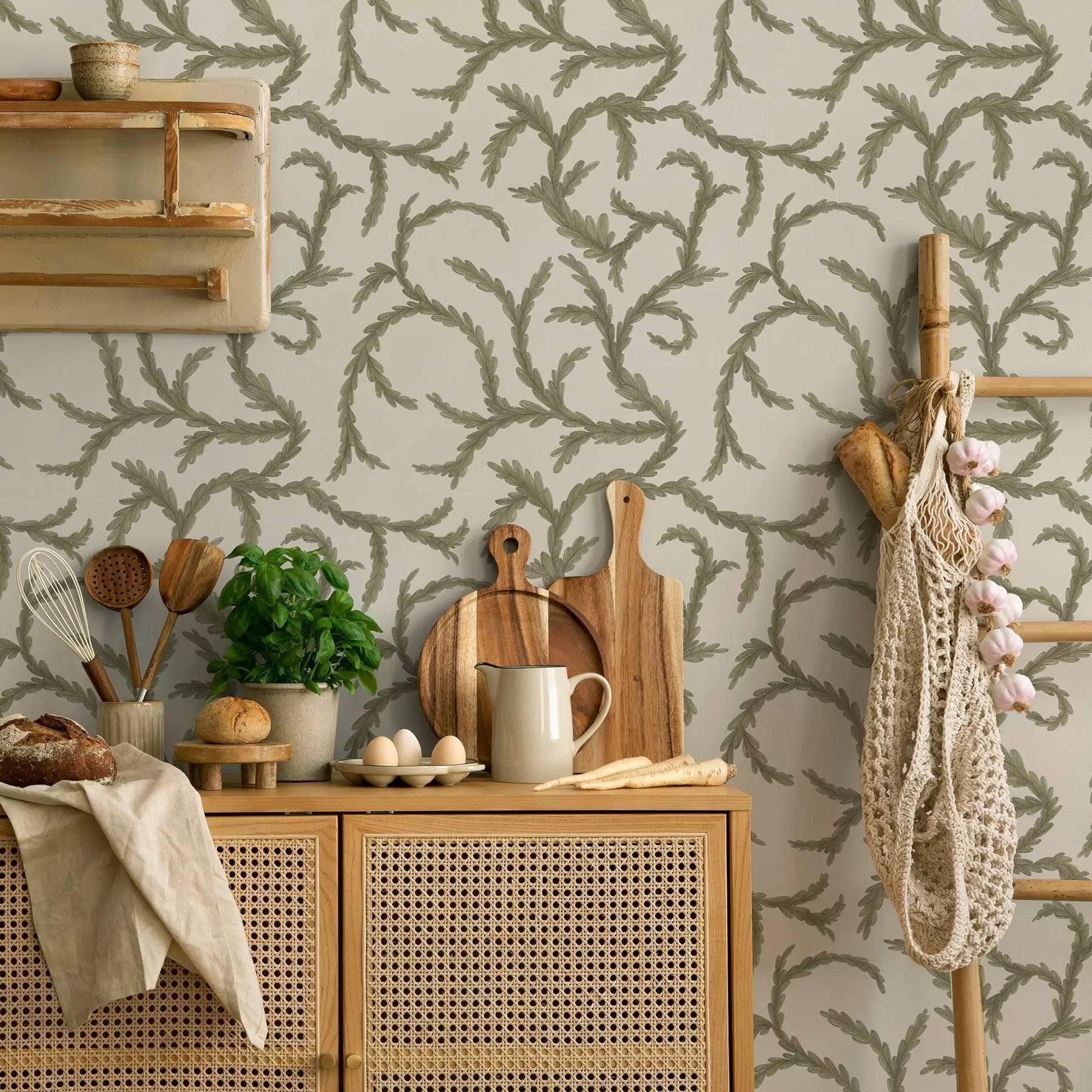 Papier peint Boucles de conifères verts tendres sur fond clair a00938
