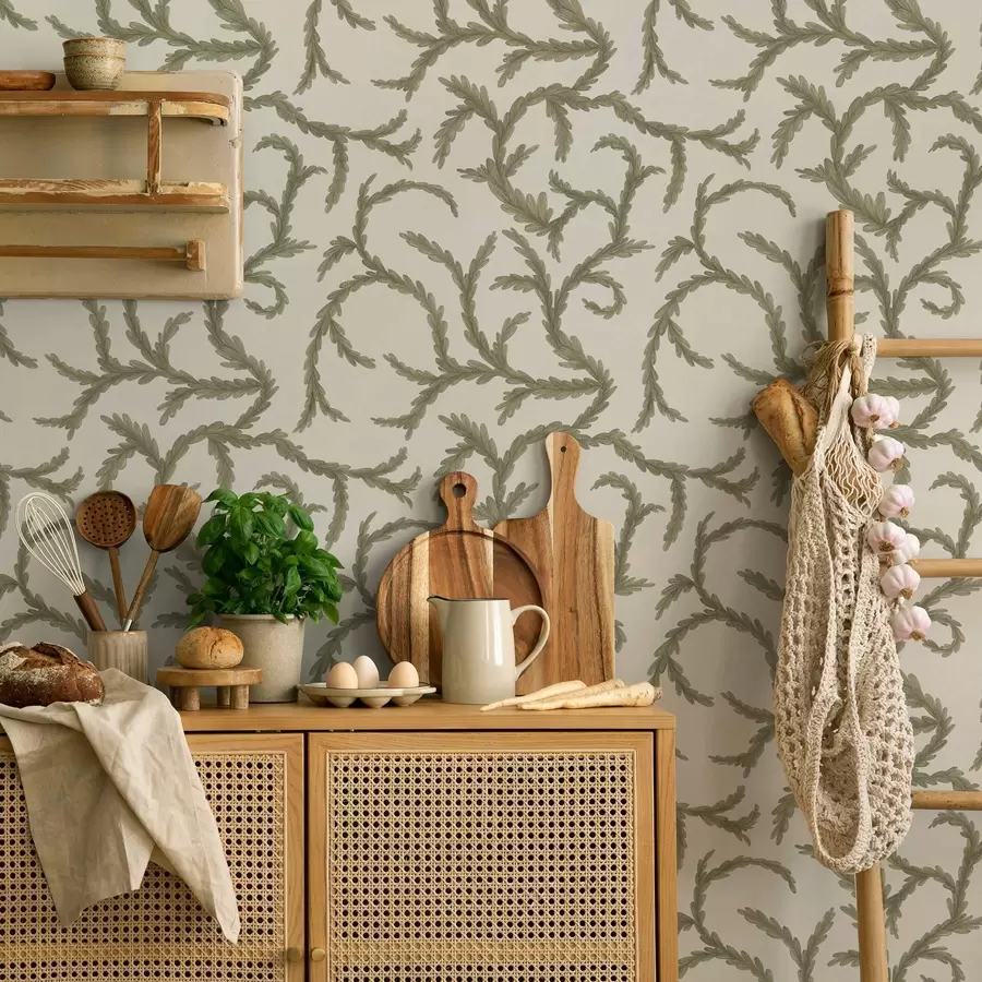 Papier peint Boucles de conifères verts tendres sur fond clair a00938